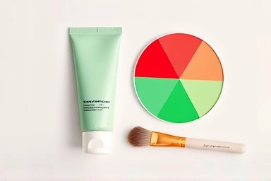 Green primer, color wheel, and makeup brush symbolizing redness correction.