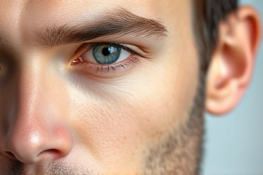 Close-up of groom's face showing natural makeup effect.