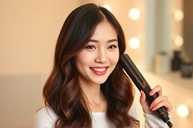 Woman with beautiful C-curl hairstyle using a hair iron.