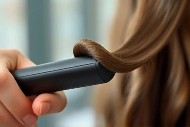 Close-up of hair iron creating a C-curl wave.