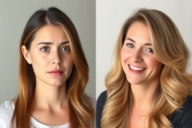 Woman with thin hair transforming to voluminous hair