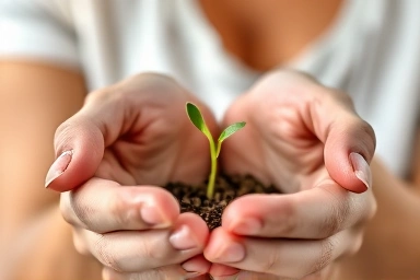Woman's hands healing skin with plant sprout