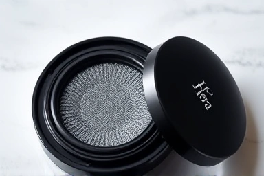 Sleek black Hera cushion compact, open, showing smooth texture.