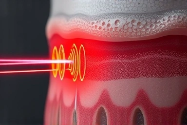 Abstract visual of radio waves stimulating skin layers for collagen.