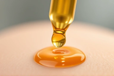 Golden serum drop falling onto radiant skin