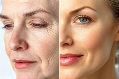 Before and after skin transformation: aging vs. rejuvenated