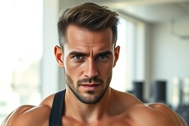 Man exercising indoors with focus and protected skin.