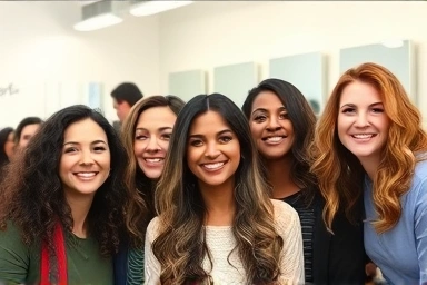 Women with layered C-curl hairstyles smiling confidently.