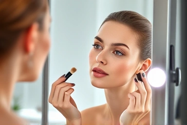 Woman applying makeup with LED illuminated vanity mirror