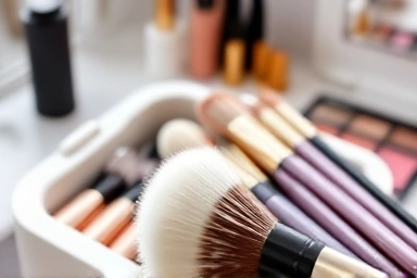 Clean makeup brushes on a vanity, highlighting hygiene.