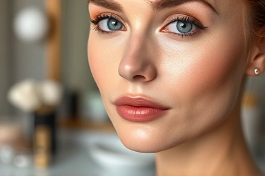 Flawless skin texture, smooth complexion, radiant makeup