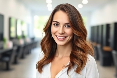 Woman with stylish medium-length layered C-curl perm.