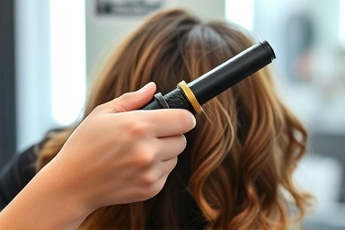Stylist performing a professional C-curl perm.