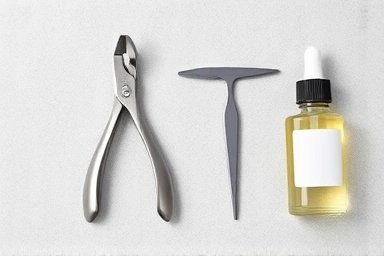 Grooming tools: cuticle nipper, pusher, and oil.