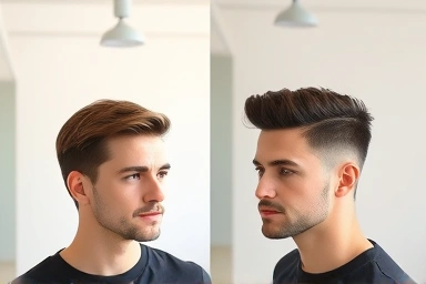 Men's hair part styles: 6:4 vs 7:3 ratios for different face shapes.