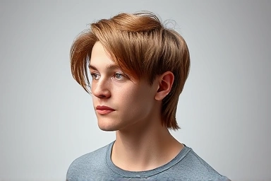 Man with long leaf cut hairstyle, modern and stylish.