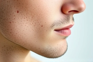 Man's smooth skin with pores blurred by primer.