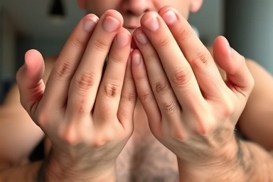 Man's rough hands texture, subtle dryness, natural light.