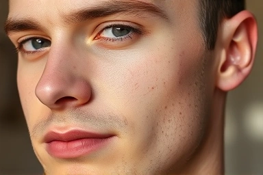 Man with naturally covered acne scars, confident and smooth skin.