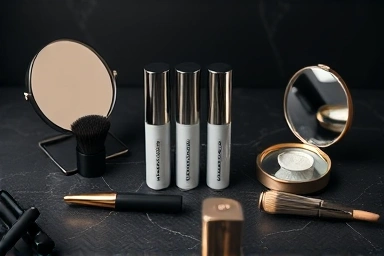 Men's concealer products, grooming tools, elegant arrangement.
