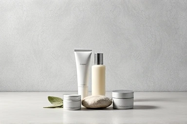 Artistic arrangement of premium men's skincare products.