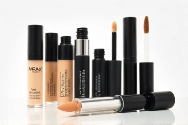 Various men's concealer products with different textures and applicators.