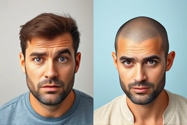 Before and after of a man's scalp: dandruff vs. clean.