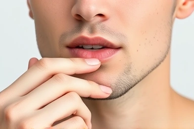 Applying lip scrub to man's lips for exfoliation