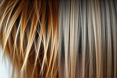 Before and after of messy hair tamed by down perm.