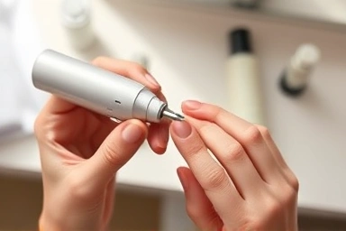 Professional cuticle care with an electric nail drill at home.