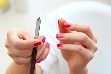 Hands using nail file and buffer for manicure