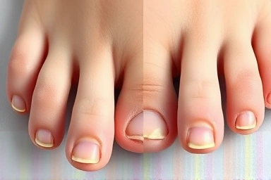 Brittle toenails transforming into healthy, smooth nails.