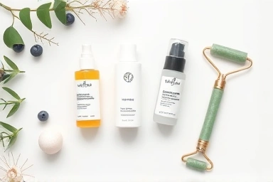 Skincare products, jade roller, and antioxidant berries for beauty.