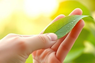 Hand touching dewy leaf, symbolizing hydration and freshness.