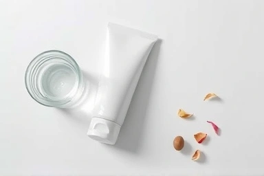 Minimalist hand cream flat lay with natural elements.