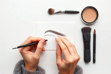 Makeup artist drawing perfect eyebrows with pencil and stencil.