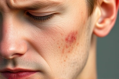 Inflamed pustular acne lesion on human skin