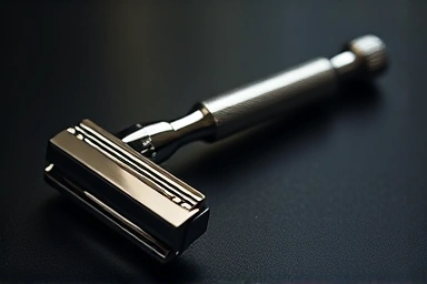 Elegant chrome safety razor on dark textured surface.
