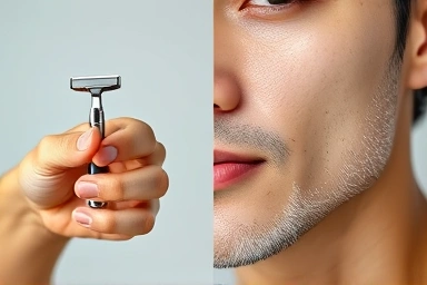 Hand holding safety razor, then close-up of smooth skin.
