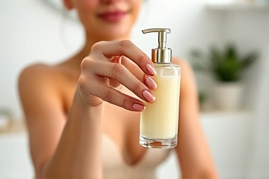 Woman applying scented body lotion, luxurious self-care moment.