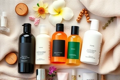 Assortment of scented body lotions and fragrance elements.