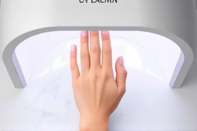 Hand with gel nails in a modern UV LED nail lamp.