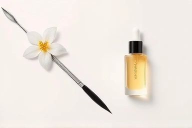 Nail pusher, cuticle oil, and flower on a neutral surface.