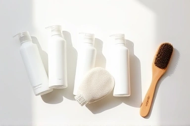 Self-tanning products and application tools arranged neatly.