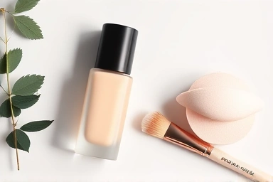Cosmetic flat lay: semi-matte foundation, brush, sponge