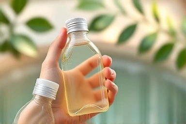 Gentle body wash bottle held by hand, serene spa background