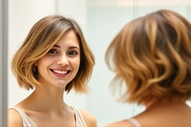 Woman with stylish short bob haircut and natural waves