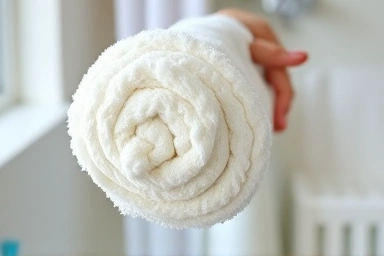 Clean, fluffy white shower towel with soft lighting