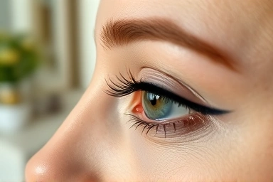 Smudge-proof eyeliner on a woman's eye, perfectly defined.