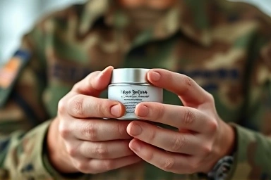 Soldier's hands with high-quality skincare product.